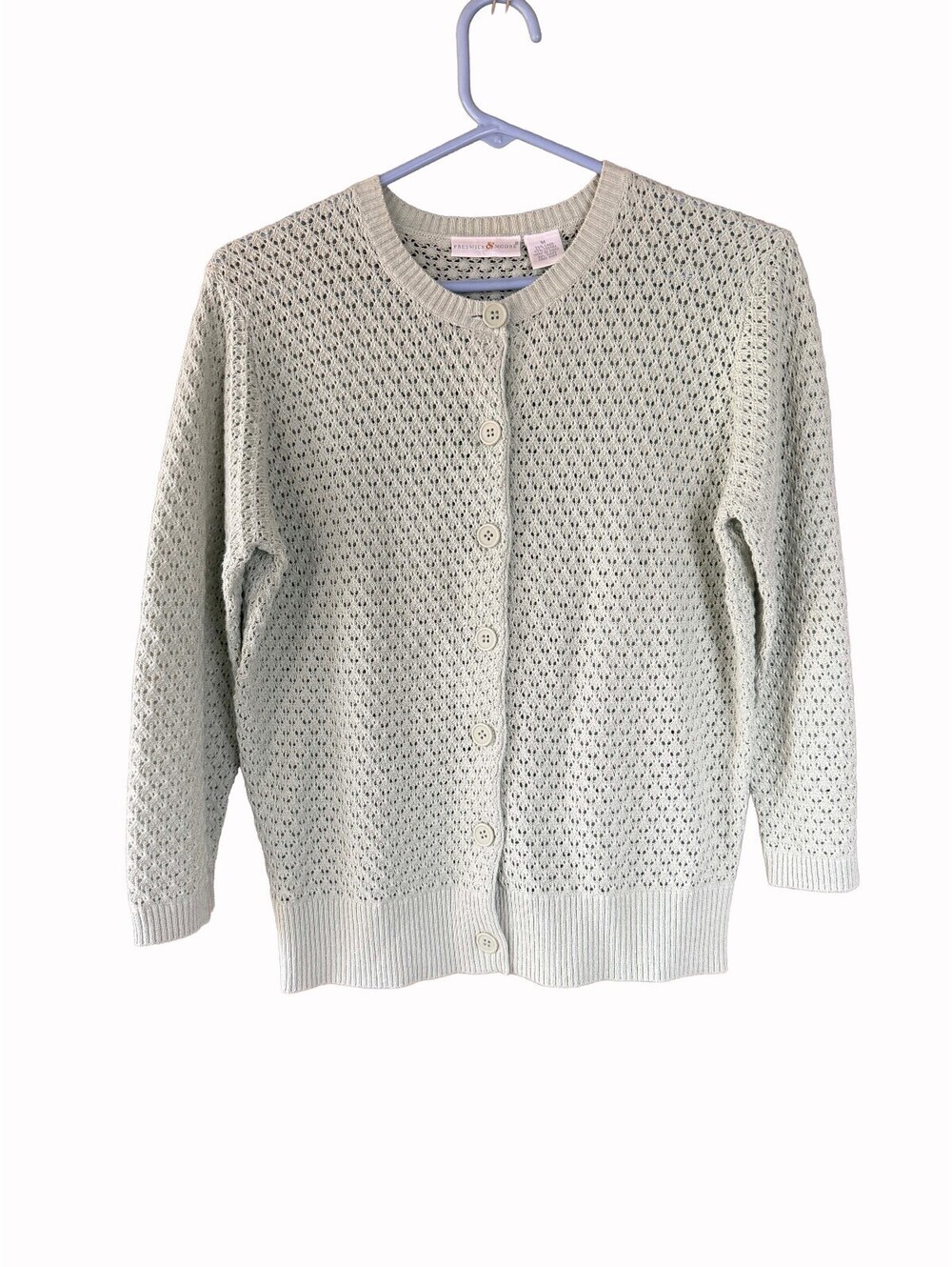 Preswick & Moore Linen Blend Pointelle Cardigan Sage Green Button Front Size M